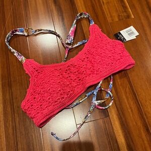 California Waves Crochet Bikini Swim Top Raspberry Pink Floral Tie New Juniors L